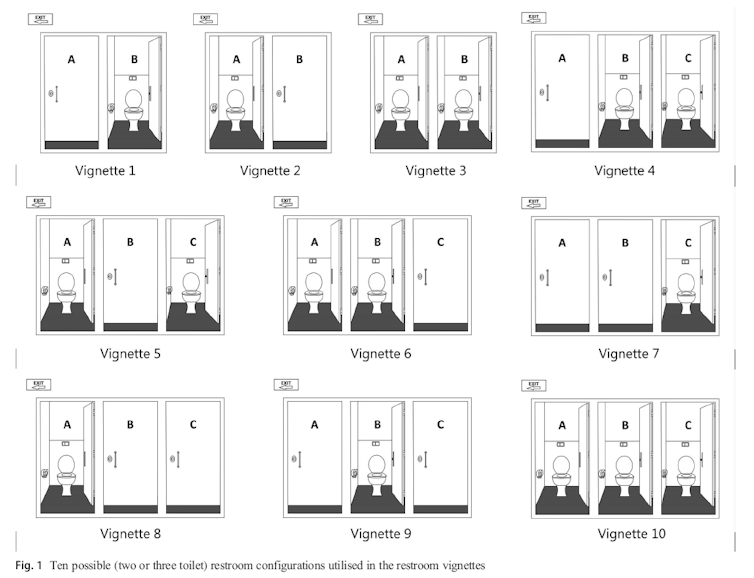 Several vignettes showing different toilet configurations.