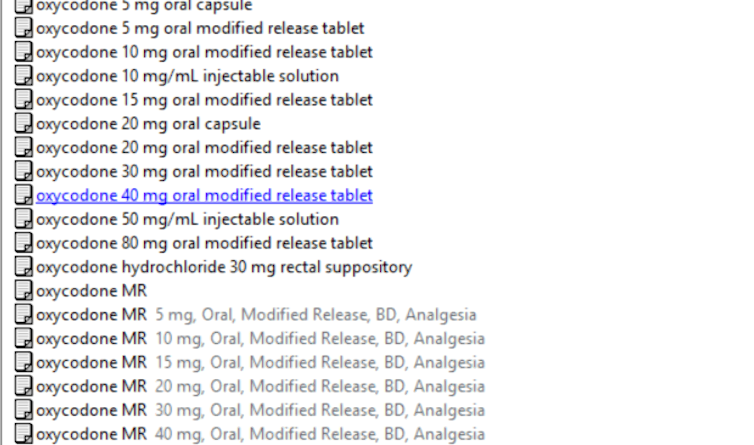 Screenshot of options for the painkiller oxycodone.