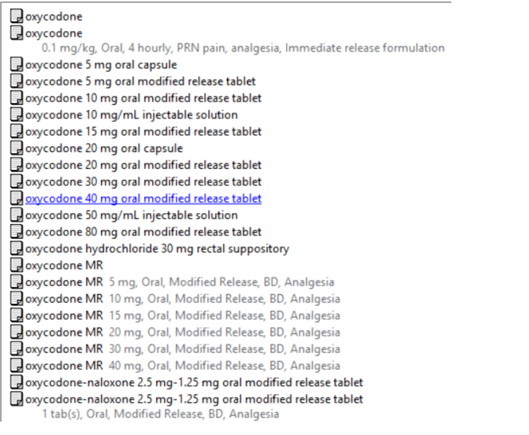 Screenshot of options for the painkiller oxycodone.